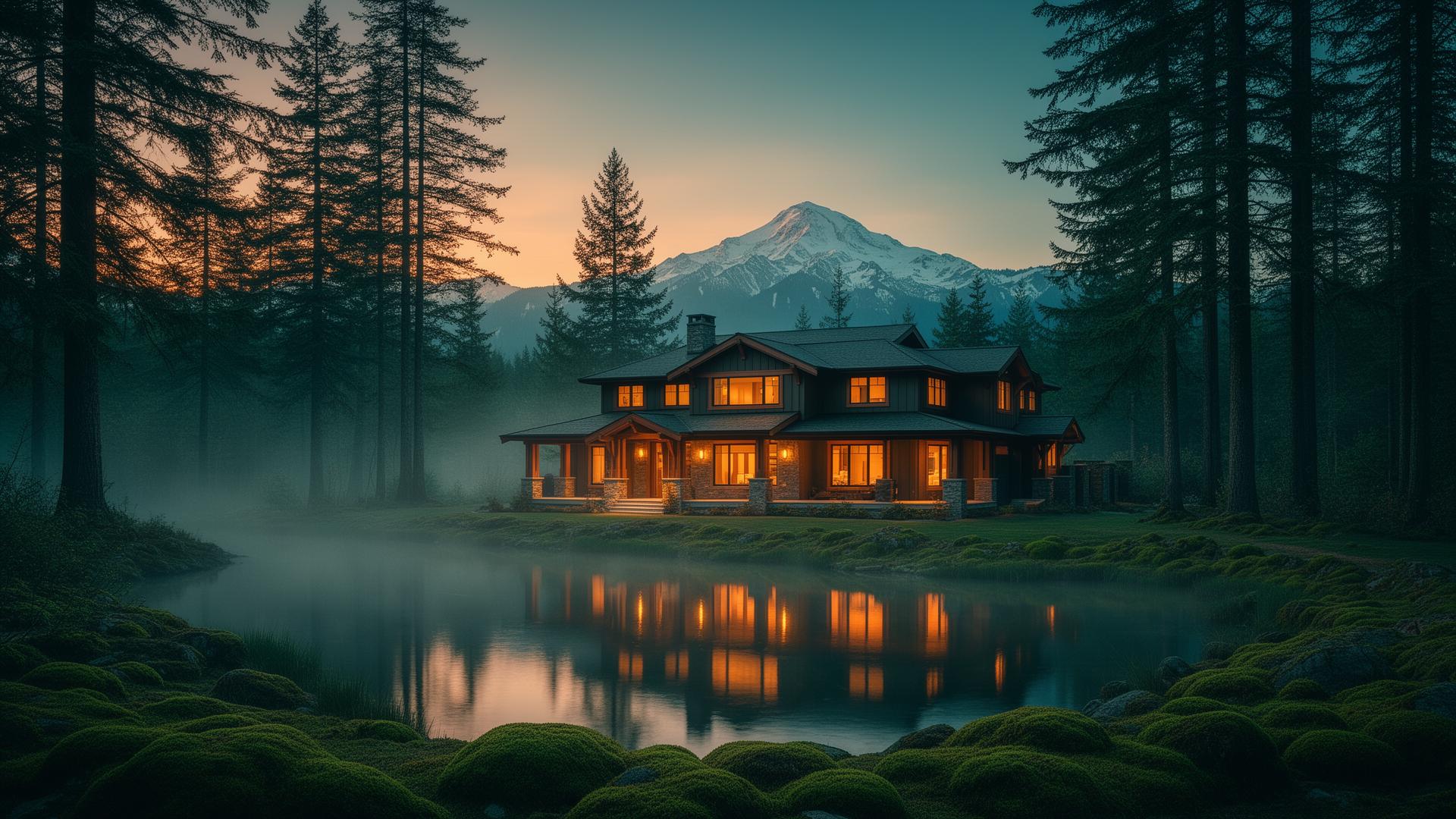 Pacific Northwest craftsman home with Mount Rainier at twilight